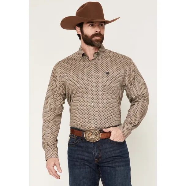 Men's Cinch Geometric Print Button-Down Western Shirt-Khaki
