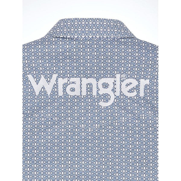 MEN'S WRANGLER LOGO LONG SLEEVE WESTERN SNAP SHIRT IN WHITE/BLUE