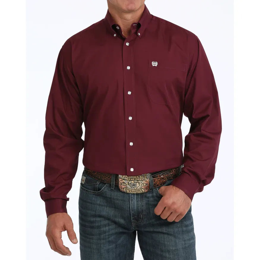Men's Cinch Solid Burgundy Button-Down Western Shirt