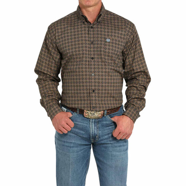 Men's Cinch Geometric Print Button-Down Western Shirt-Black