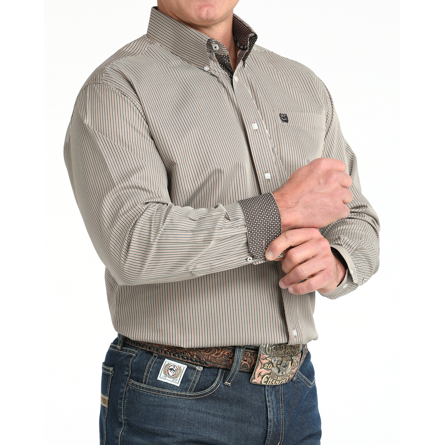 Men's Cinch Stripe Print Button-Down Western Shirt-Brown