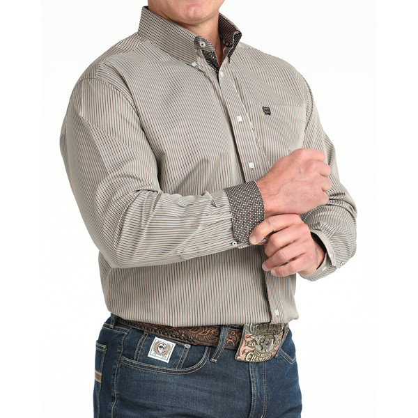 Men's Cinch Stripe Print Button-Down Western Shirt-Brown