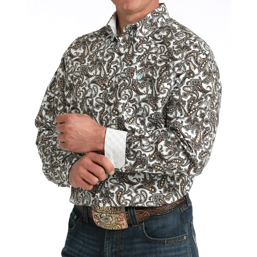 Men's Cinch Paisley Print Button-Down Western Shirt-White