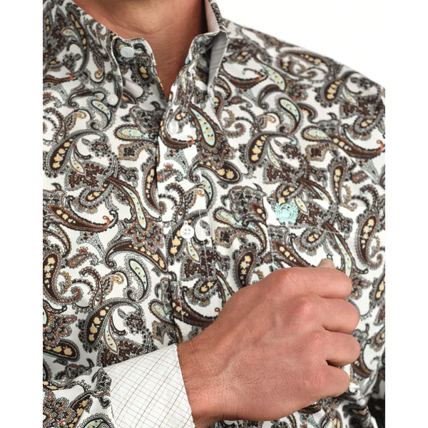 Men's Cinch Paisley Print Button-Down Western Shirt-White