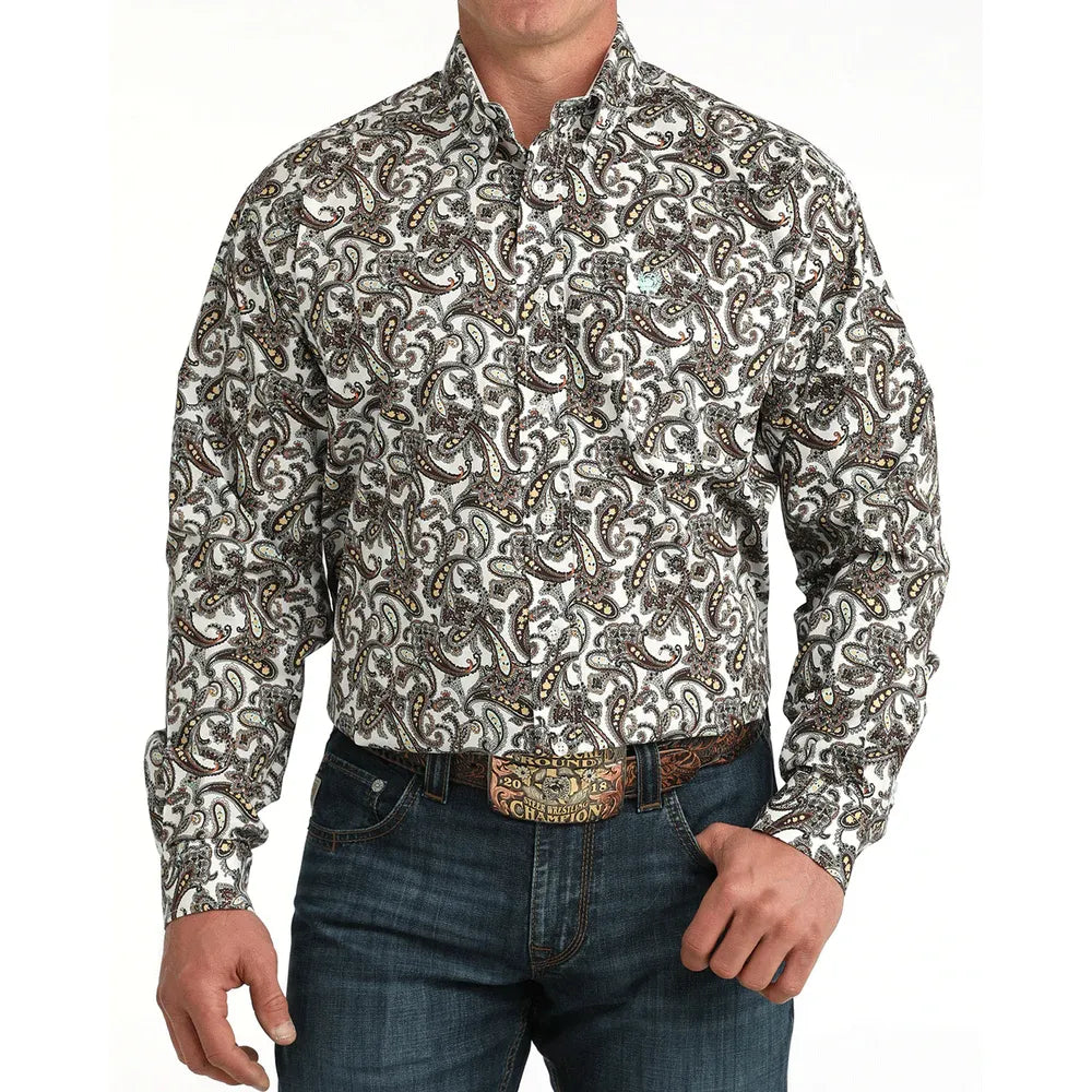 Men's Cinch Paisley Print Button-Down Western Shirt-White