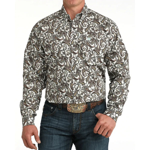 Men's Cinch Paisley Print Button-Down Western Shirt-White
