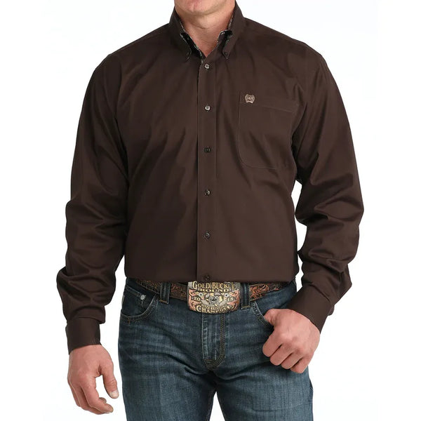 Men's Cinch Solid Button-Down Western Shirt-Brown