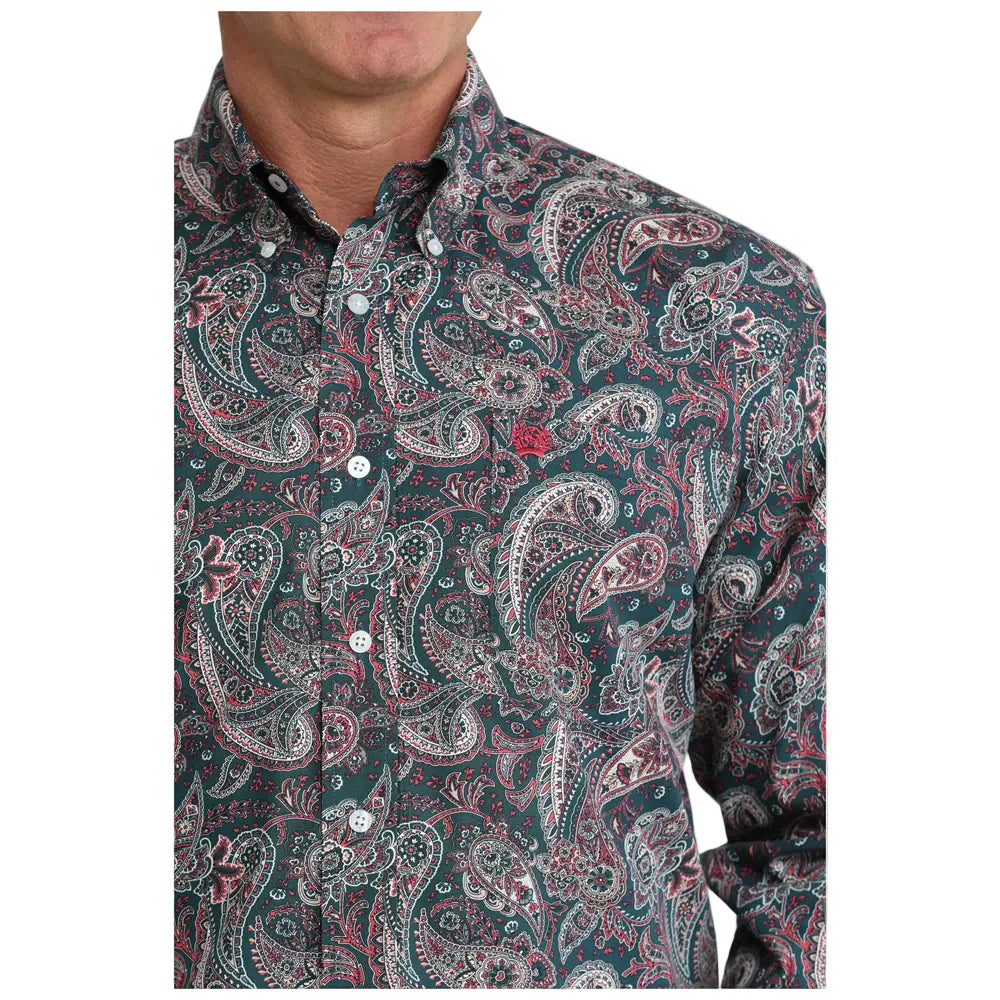 Men's Cinch Paisley Print Button-Down Western Shirt-Teal