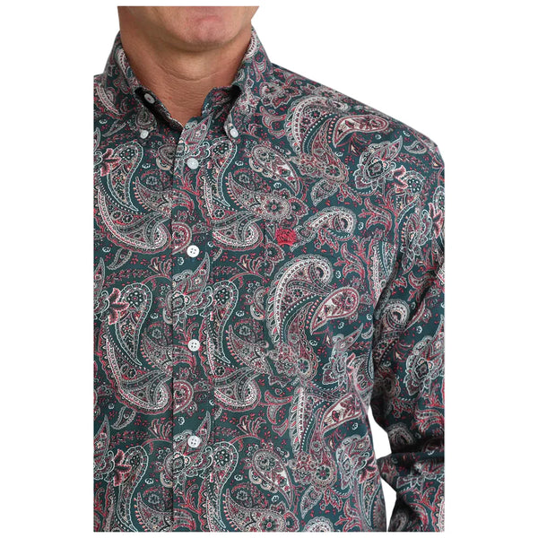Men's Cinch Paisley Print Button-Down Western Shirt-Teal