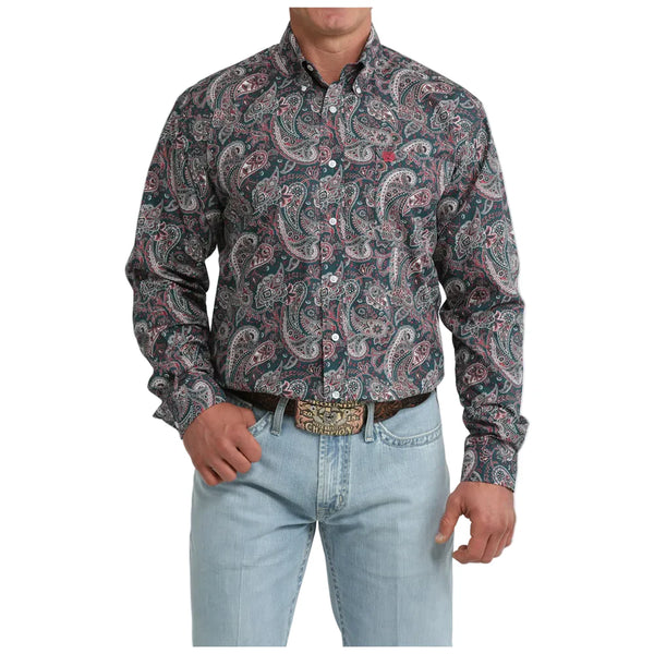 Men's Cinch Paisley Print Button-Down Western Shirt-Teal