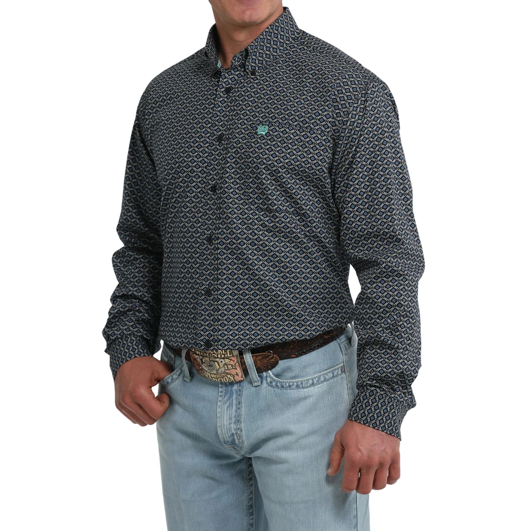 Men's Cinch Geometric Print Button-Down Western Shirt-Black