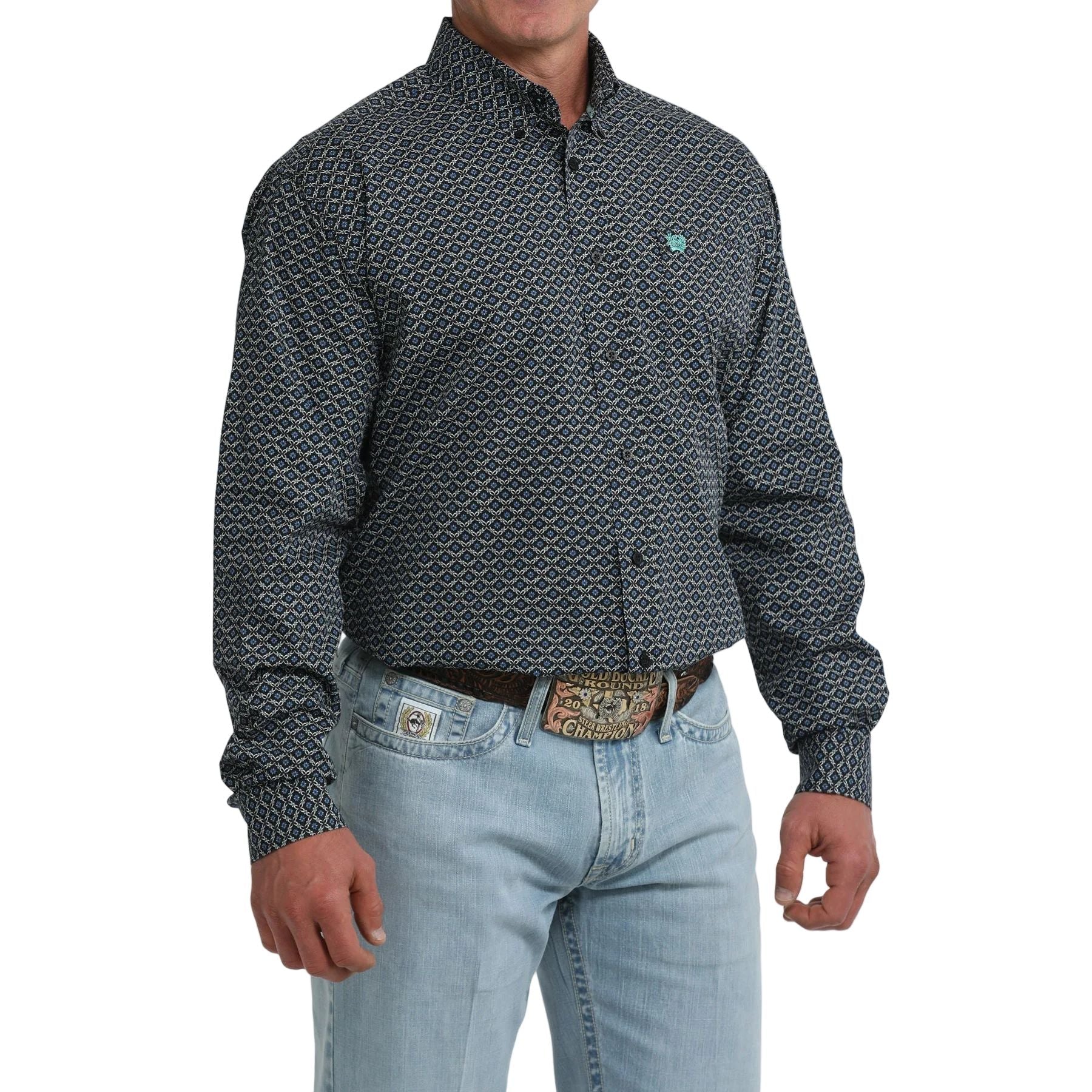 Men's Cinch Geometric Print Button-Down Western Shirt-Black