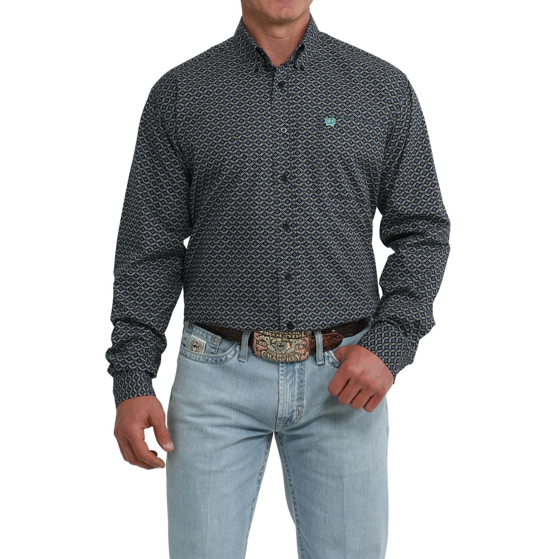 Men's Cinch Geometric Print Button-Down Western Shirt-Black
