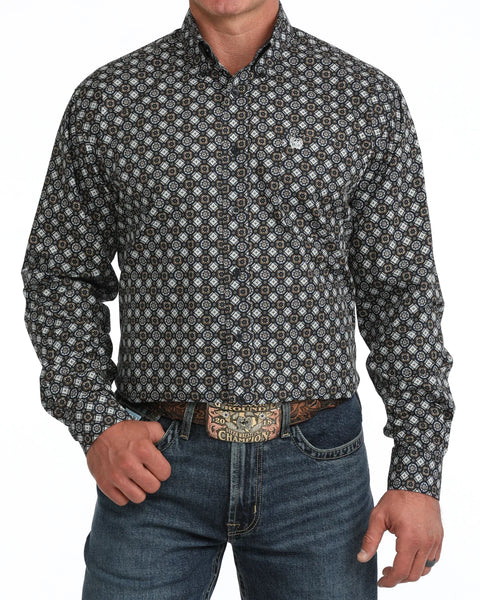 Men's Cinch Geometric Print Button-Down Western Shirt-Navy