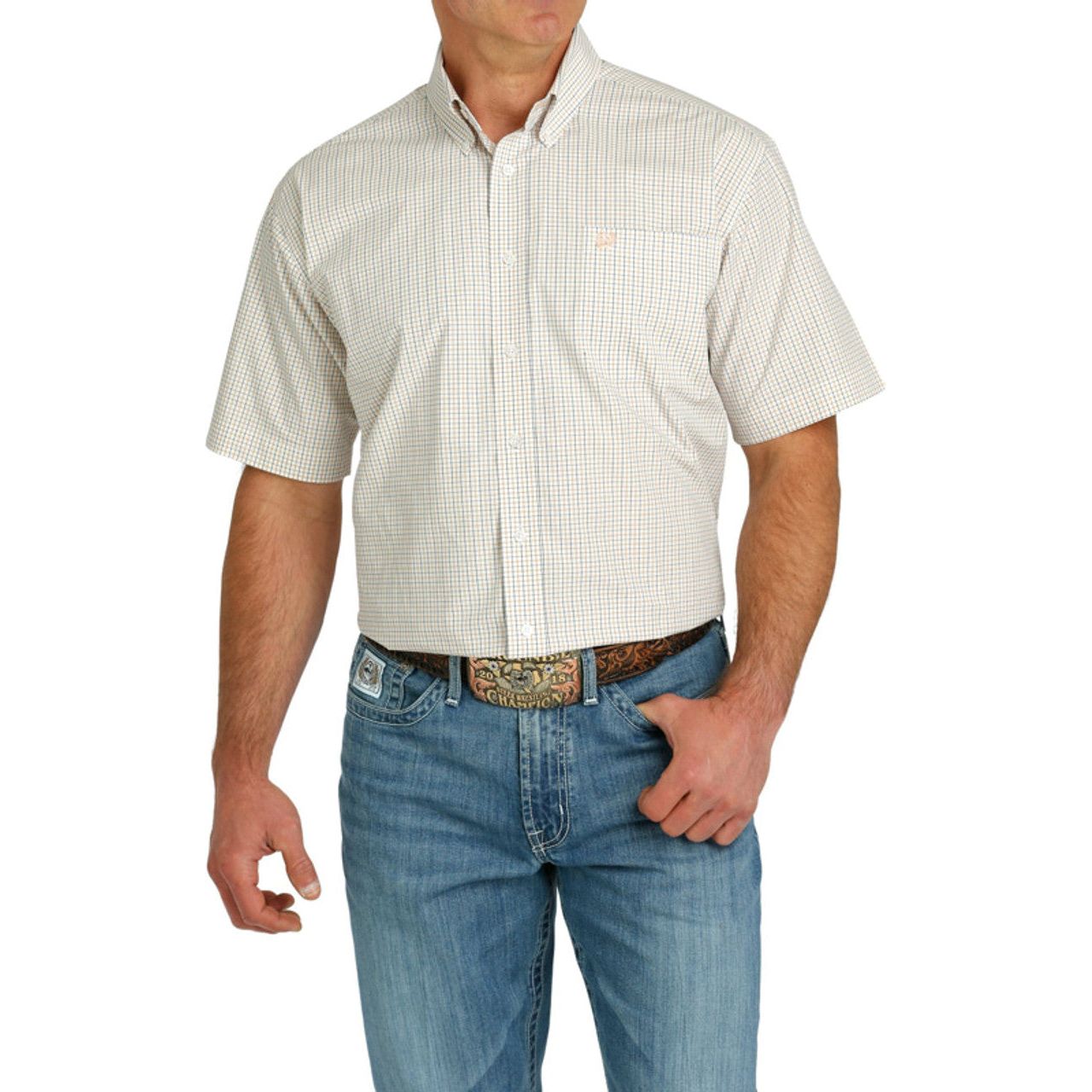 MEN'S CINCH PLAID BUTTON-DOWN WESTERN SHORT SLEEVE SHIRT - WHITE