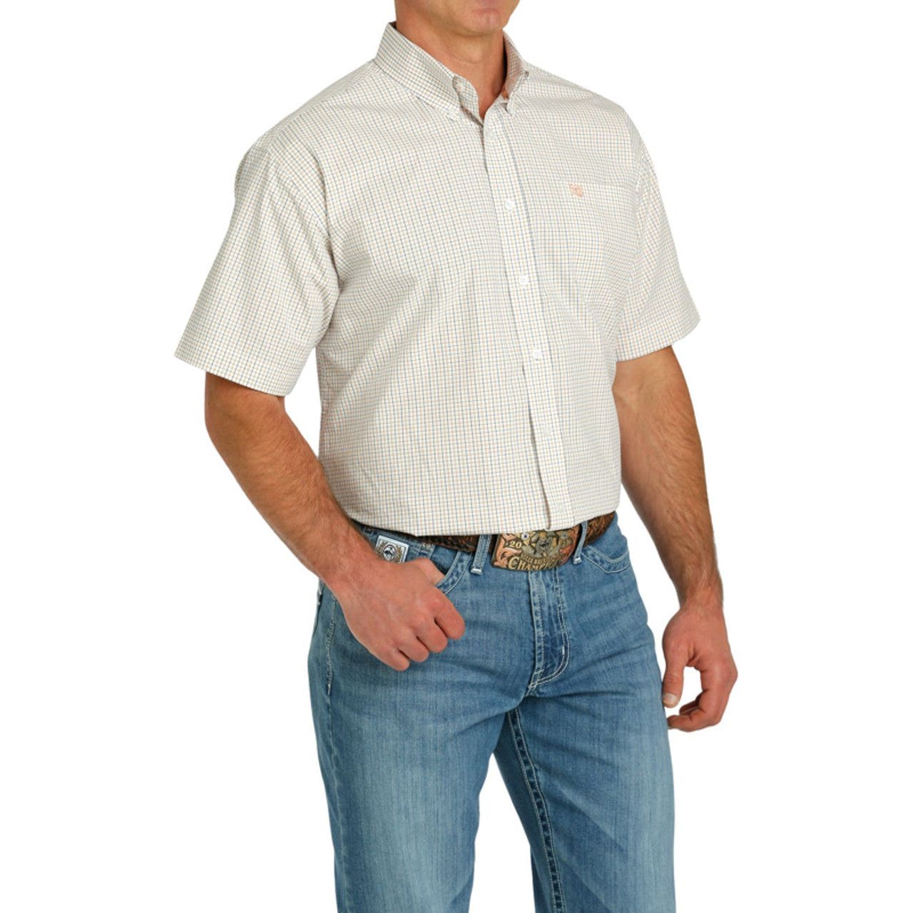 MEN'S CINCH PLAID BUTTON-DOWN WESTERN SHORT SLEEVE SHIRT - WHITE