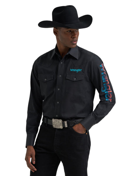 Men's Wrangler Logo Long Sleeve Western Snap Shirt-Black Sunset
