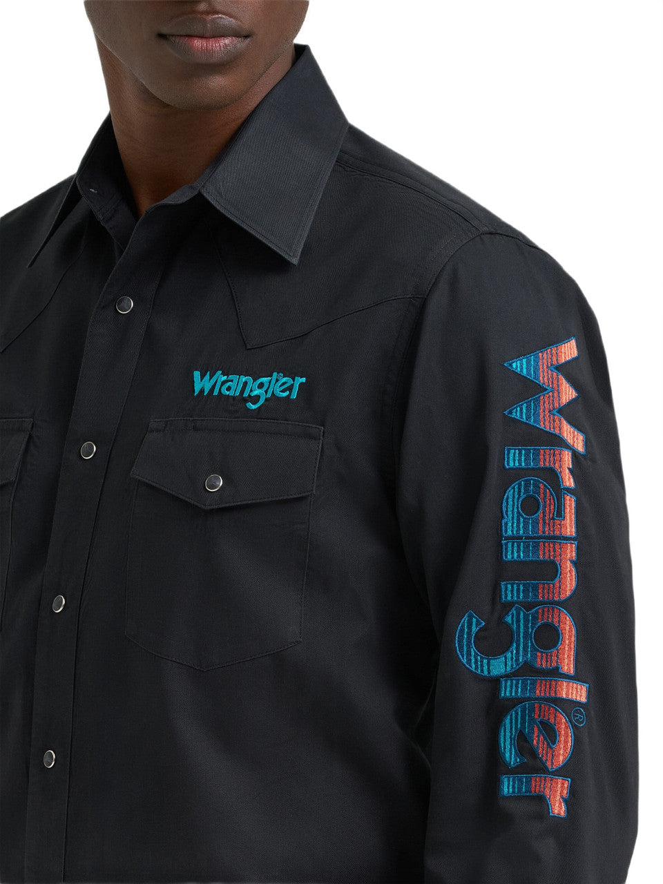 Men's Wrangler Logo Long Sleeve Western Snap Shirt-Black Sunset