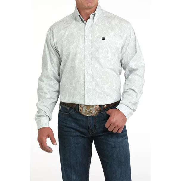 Men's Cinch Paisley Print Button-Down Western Shirt-White