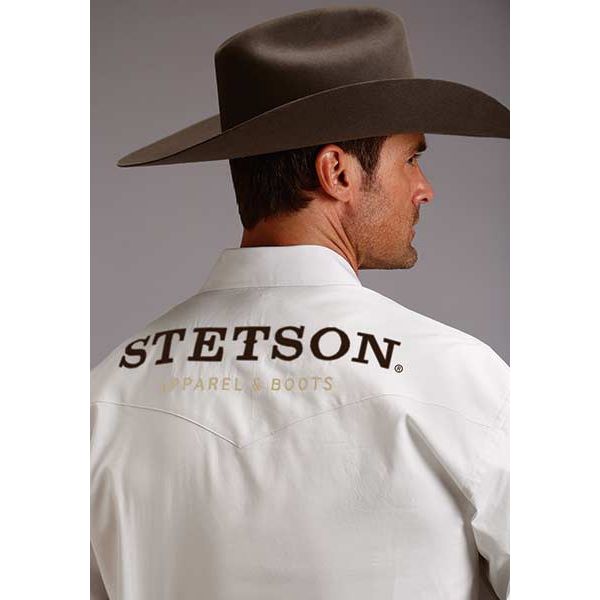 Men's Stetson Solid Poplin Logo Western Shirt-White