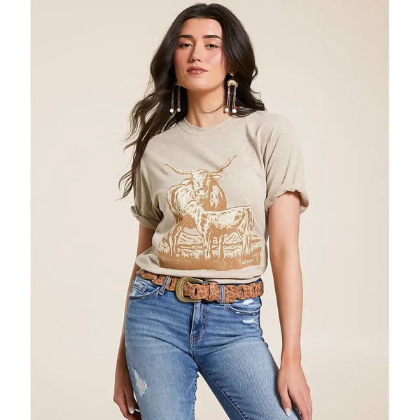 Women's Ariat Longhorn Short Sleeve T-Shirt-Oatmeal Heather