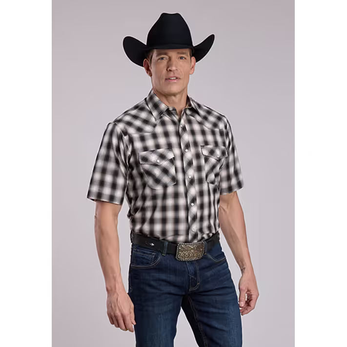 Men's Roper Short Sleeve Snap Woven Plaid-Black/Cream Plaid - CWesternwear