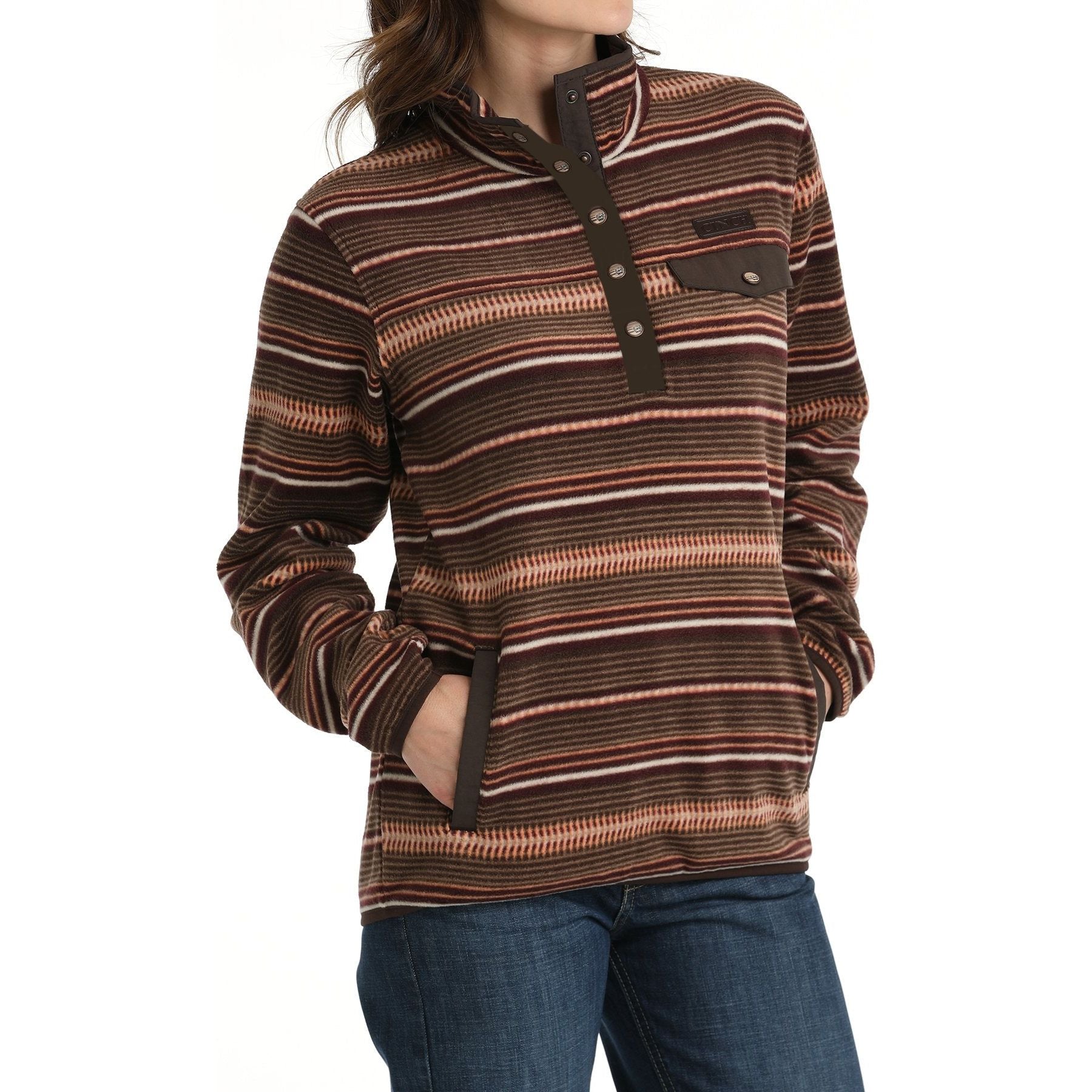 Women's Cinch Striped Fleece Pullover - Brown/Coral