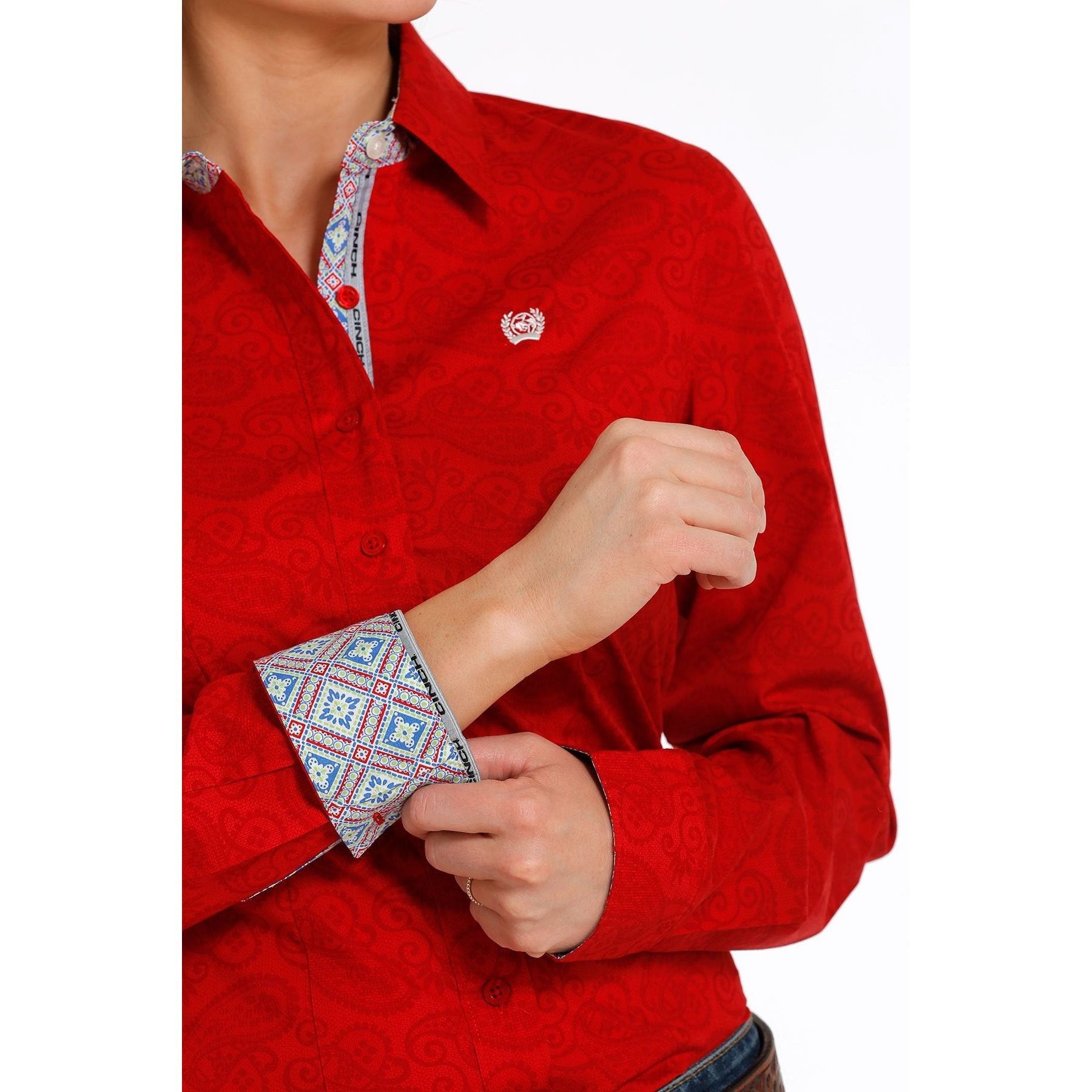 Women's Cinch Button-down Long Sleeve Shirt - Red