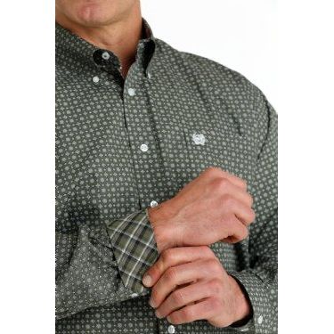 Cinch Men's Medallion Print Long Sleeve Shirt - Olive/White