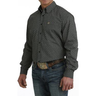 Men's Cinch Geometric Print Long Sleeve Shirt - Black/Khaki