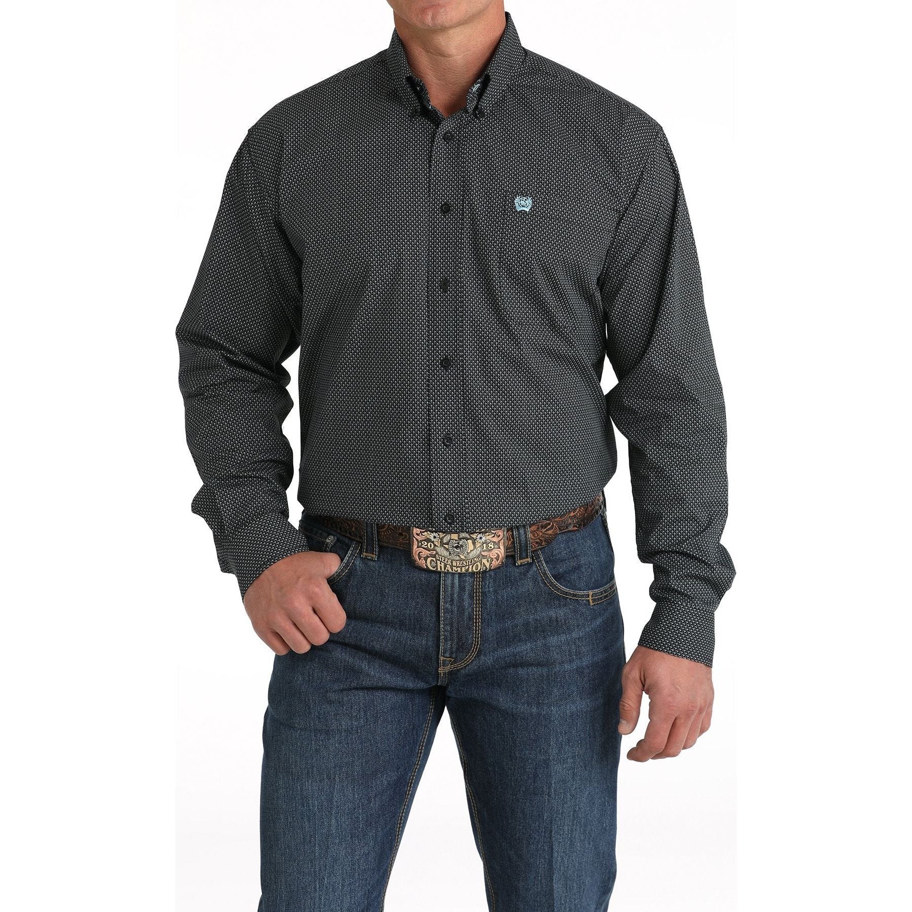 Men's Cinch  Geometric Print Button-Down Western Shirt - Black