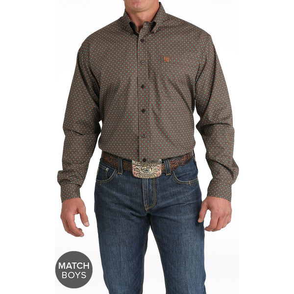 Cinch Men's Geometric Print Button-Down Western Shirt - Brown
