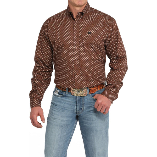 Cinch Men's Geometric Print Button-Down Western Shirt - Brown