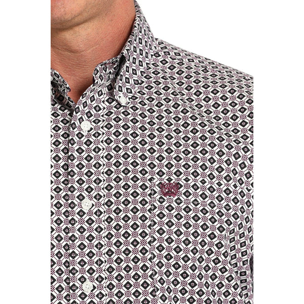 Men's Cinch Diamond Print Button-Down Western Shirt-White