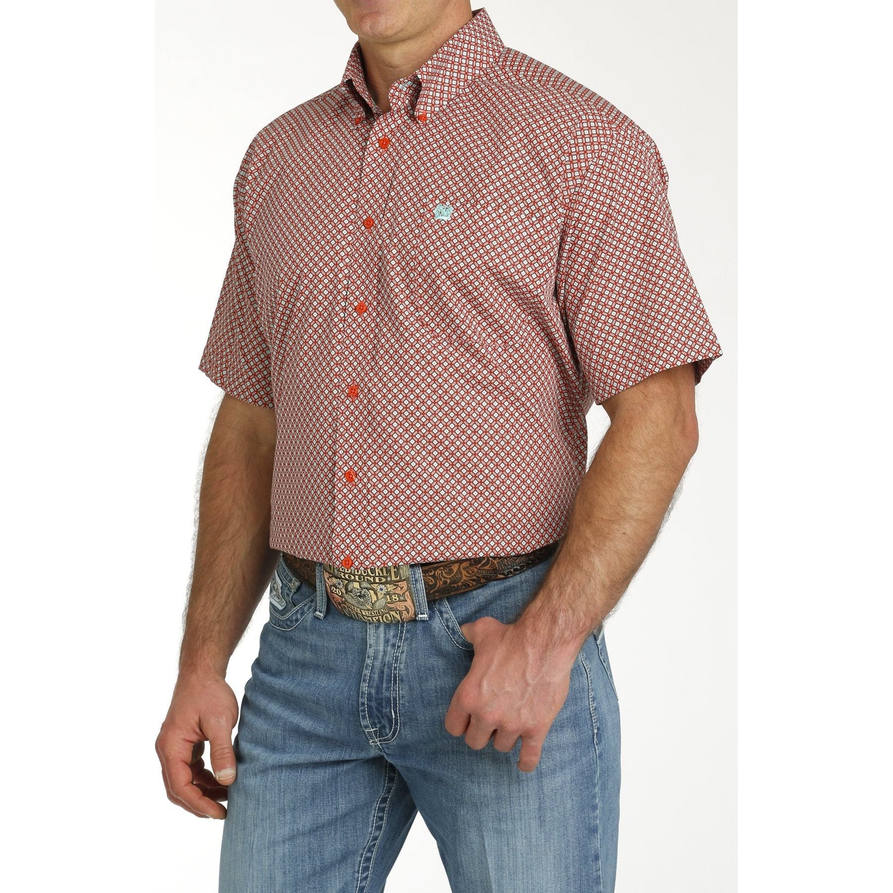 MEN'S CINCH GEOMETRIC PRINT BUTTON-DOWN SHORT SLEEVE WESTERN SHIRT - RED / TURQUOISE