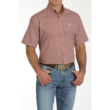 MEN'S CINCH GEOMETRIC PRINT BUTTON-DOWN SHORT SLEEVE WESTERN SHIRT - RED / TURQUOISE