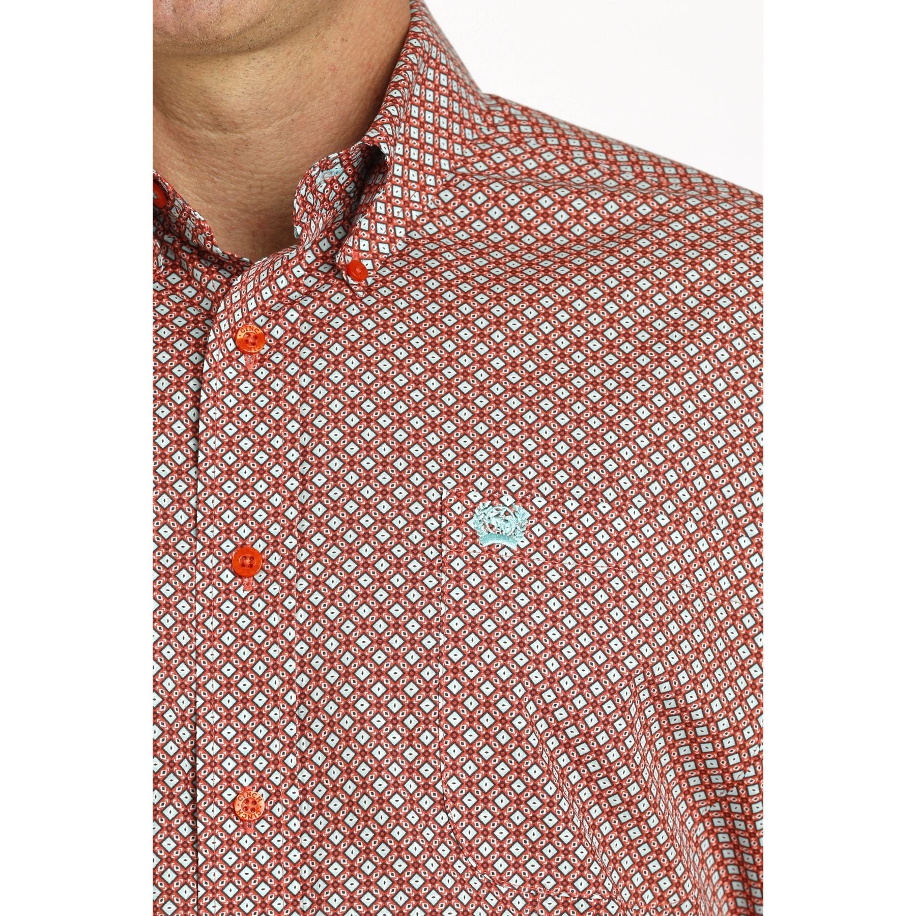 MEN'S CINCH GEOMETRIC PRINT BUTTON-DOWN SHORT SLEEVE WESTERN SHIRT - RED / TURQUOISE