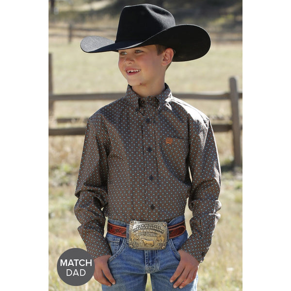 BOY'S CINCH GEOMETRIC PRINT BUTTON-DOWN WESTERN SHIRT - BROWN