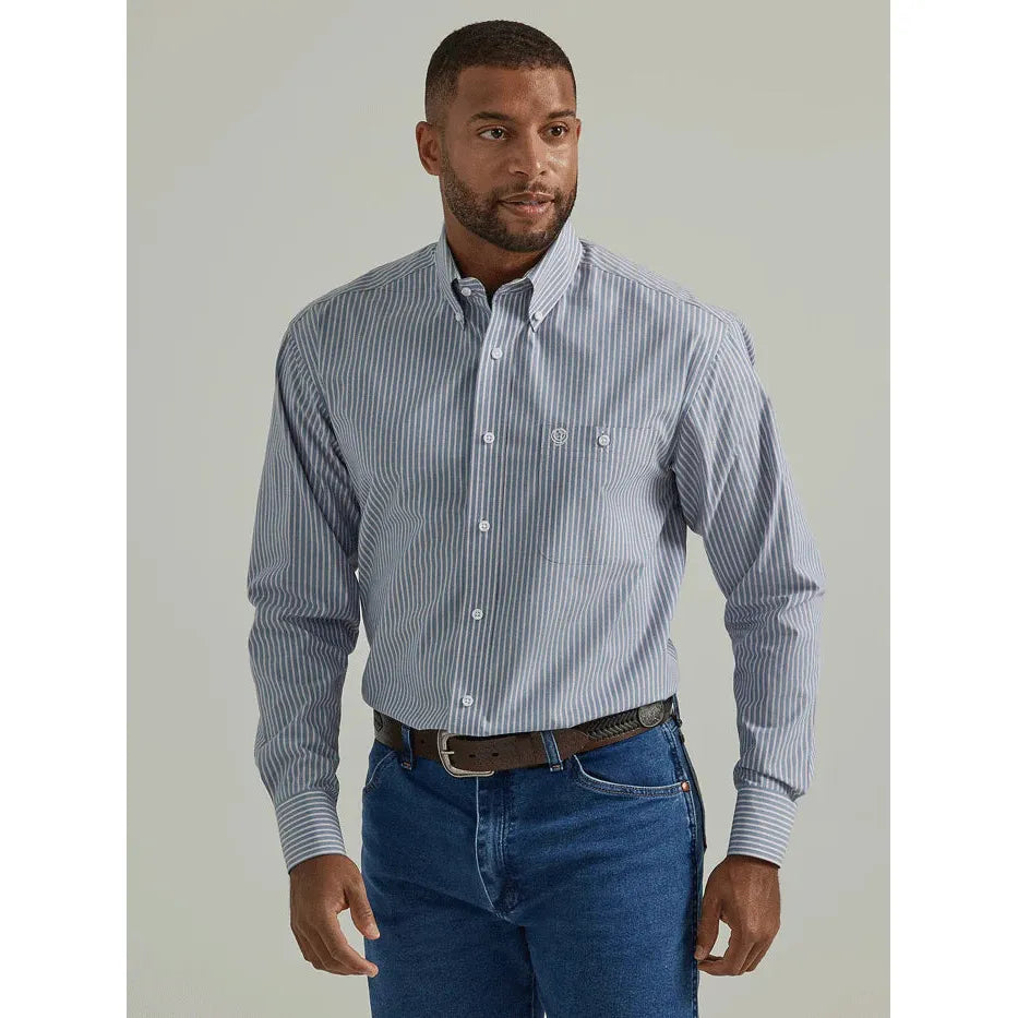 Men's Wrangler® George Strait™ Long Sleeve Button Down One Pocket Shirt in Steel Blue Stripe