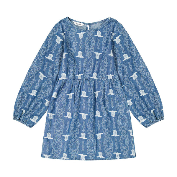 Wrangler Girl's Boot And Design Print Denim Dress-Denim Blue