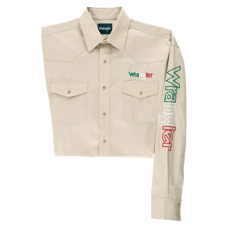 Men's Wrangler Team Mexico Logo Snap Long Sleeve Shirt - Tan