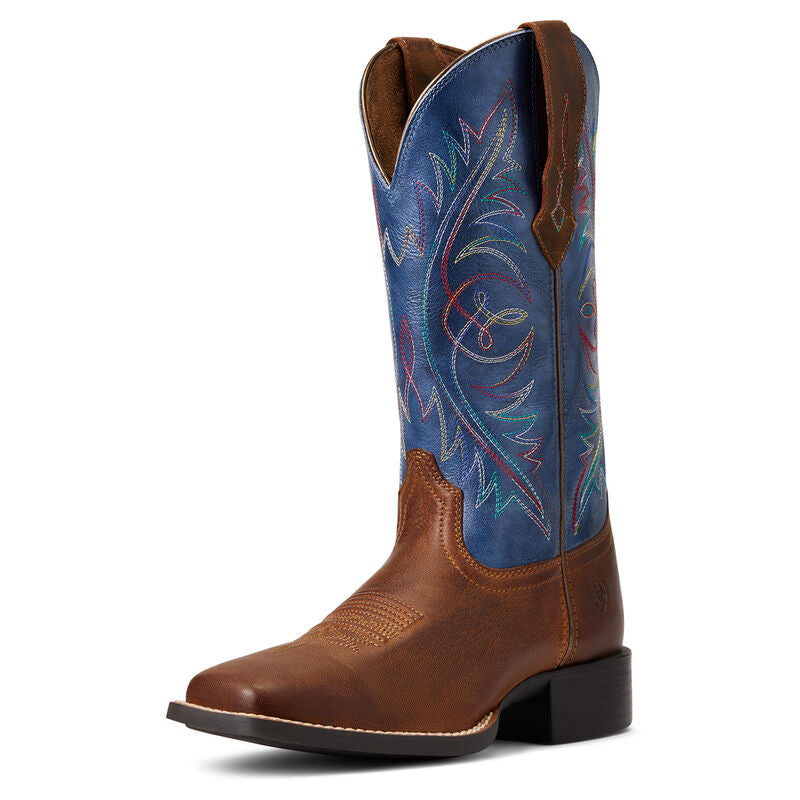 Ariat Women's Sassy Blue Round Up Wide Square Toe Brown Stretch Fit Western Boots