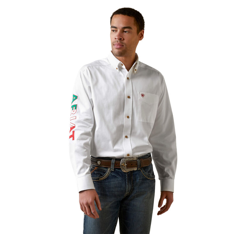 Men's Ariat Team Logo Twill Long Sleeve Shirt White/Mexico