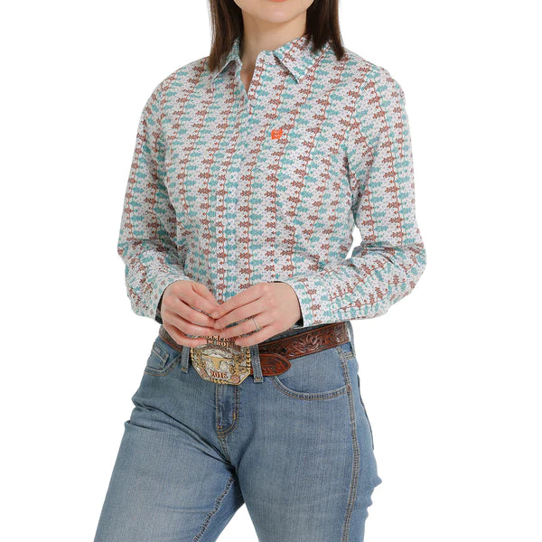 Women's Cinch Geometric Print Long Sleeve Shirt - White