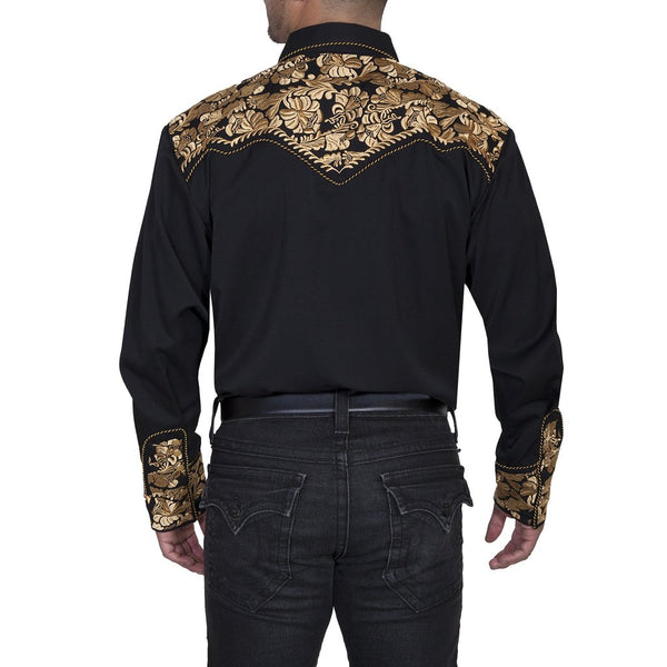 Scully Men's Floral Tooled Black and Gold Shirt