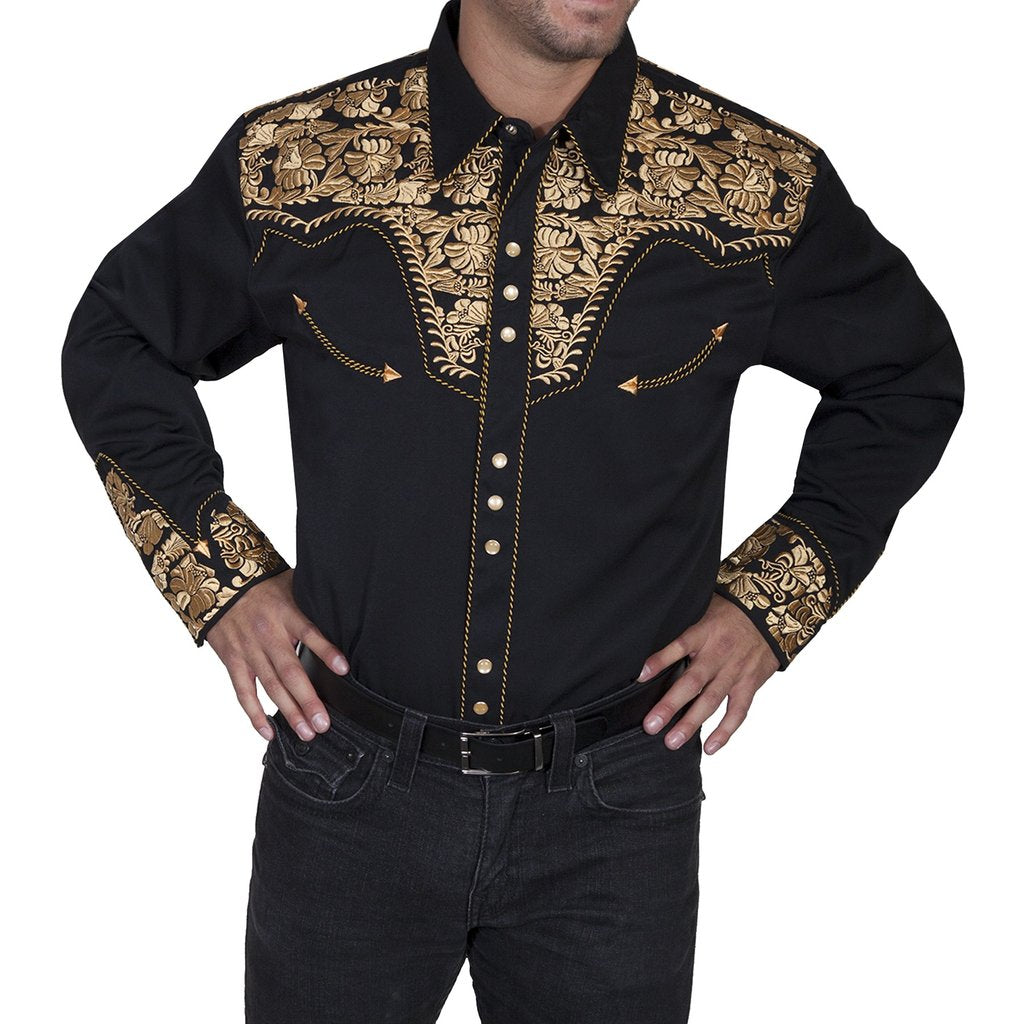 Scully Men's Floral Tooled Black and Gold Shirt