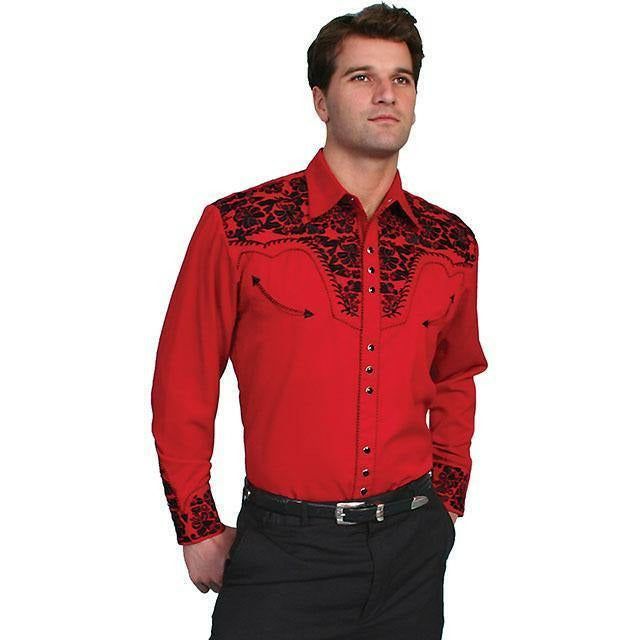 Scully Floral Embroidered Long Sleeve Red Shirt - CWesternwear