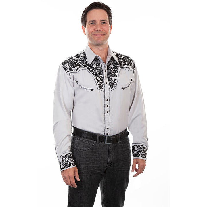 Scully Men's Floral Tooled Embroidery in Steel and Black Shirt