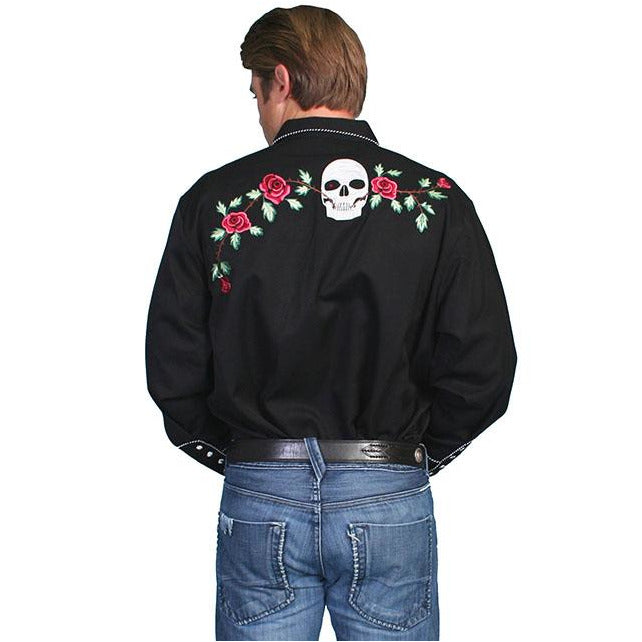 Scully Skull and Rose Embroidered Black Shirt
