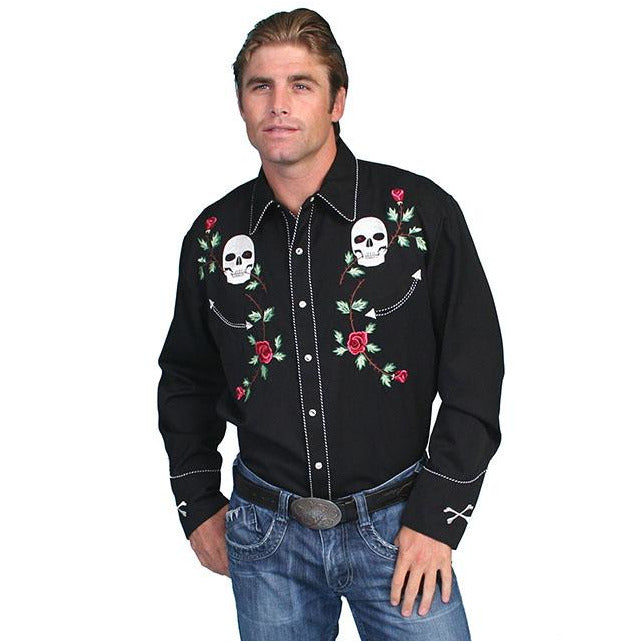 Scully Skull and Rose Embroidered Black Shirt